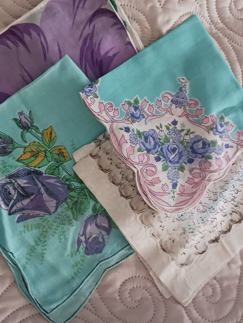 Vintage Floral Handkerchief Set in Aqua and Purple 4pc